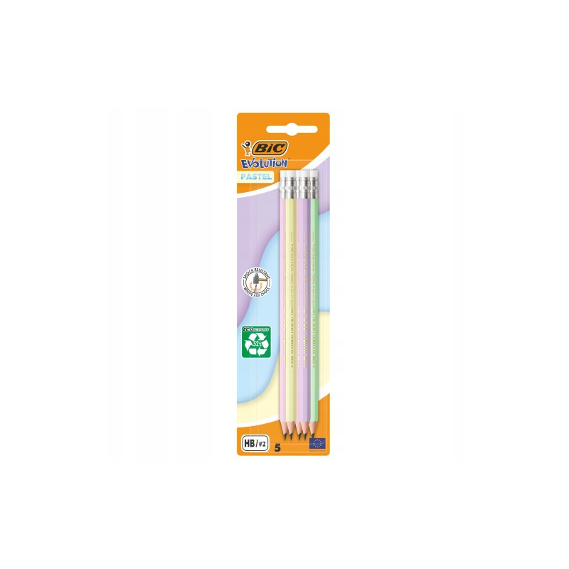 BIC Pieštukai su trintuku Evolution Pastel HB, 5 vnt. rinkinys, įvairių pastelinių korpuso spalvų