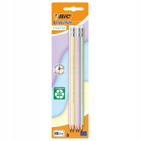 BIC Pieštukai su trintuku Evolution Pastel HB, 5 vnt. rinkinys, įvairių pastelinių korpuso spalvų