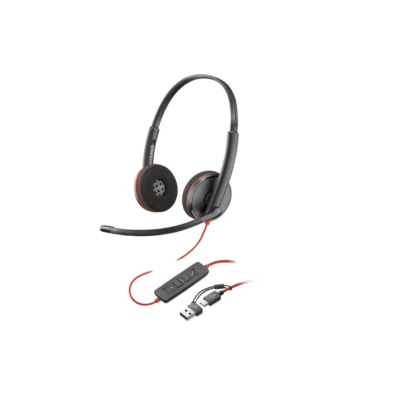 Poly Blackwire 3220 Stereo Laidinės ausinės, USB-C, USB-C/A Adapter (Bulk), Juoda
