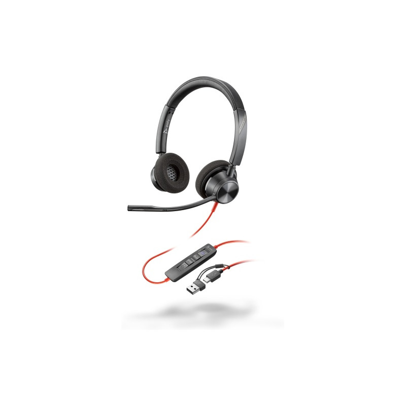 POLY Blackwire 3320 Stereo MS Teams Laidinės ausinės, USB-C/A Adapter, Juoda