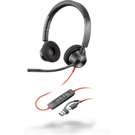 POLY Blackwire 3320 Stereo MS Teams Laidinės ausinės, USB-C/A Adapter, Juoda