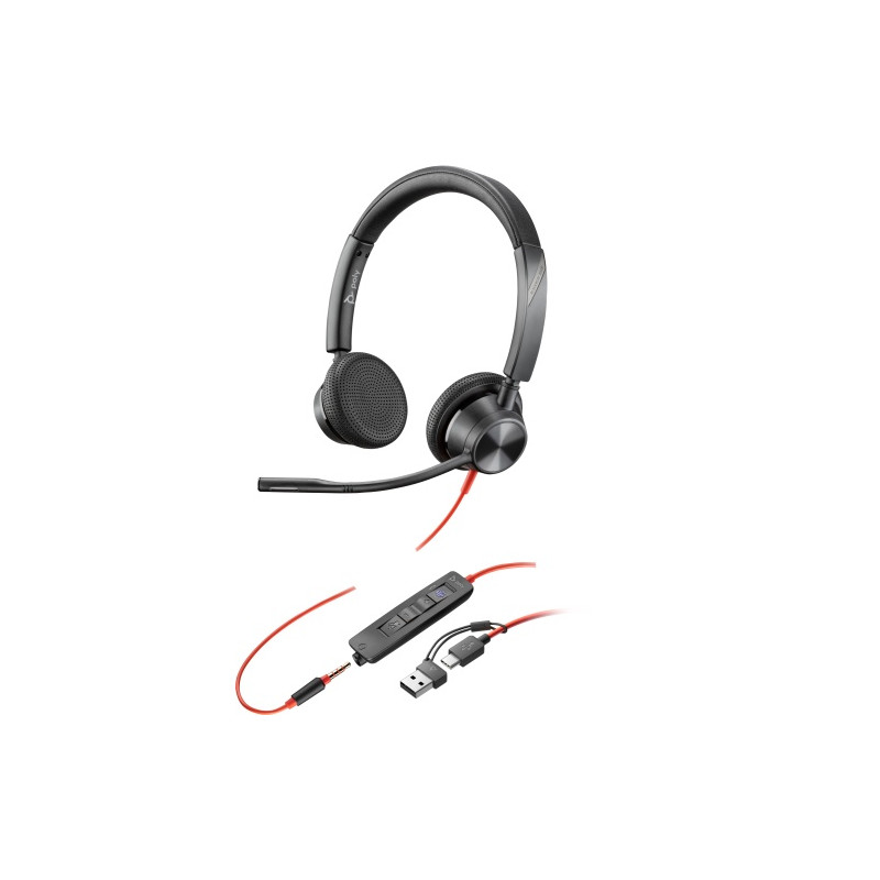 POLY Blackwire 3325 Stereo MS Teams Laidinės ausinės, 3.5mm jack, USB-C/A Adapter, Juoda