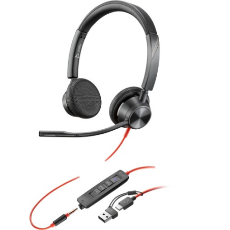 POLY Blackwire 3325 Stereo MS Teams Laidinės ausinės, 3.5mm jack, USB-C/A Adapter, Juoda