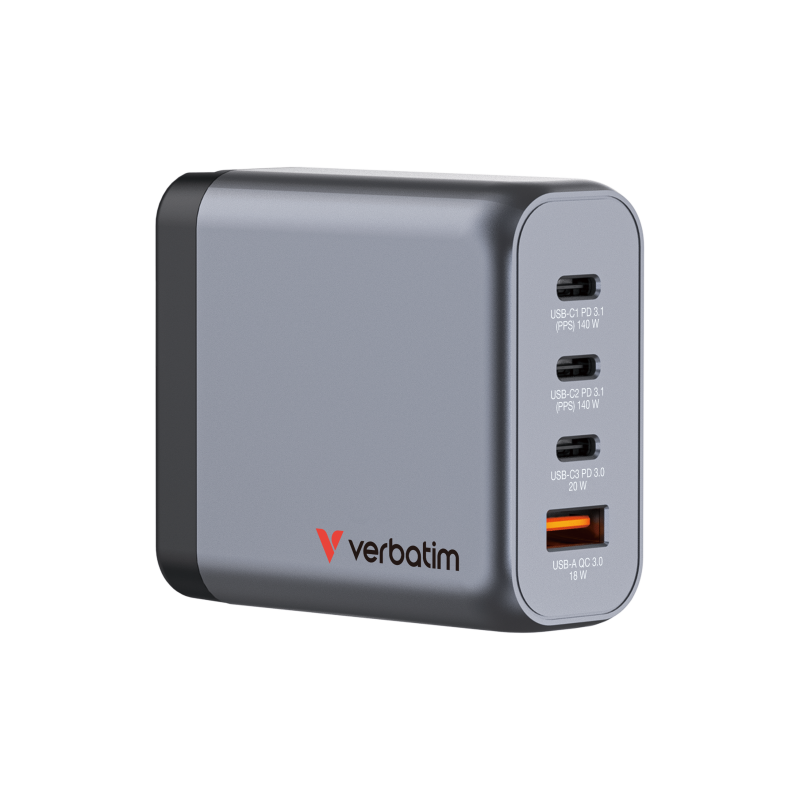 Verbatim 32203 GaN Įkroviklis 140W 4-Port, USB-A/USB-C, EU/UK/US Plug, Pilka/Juoda