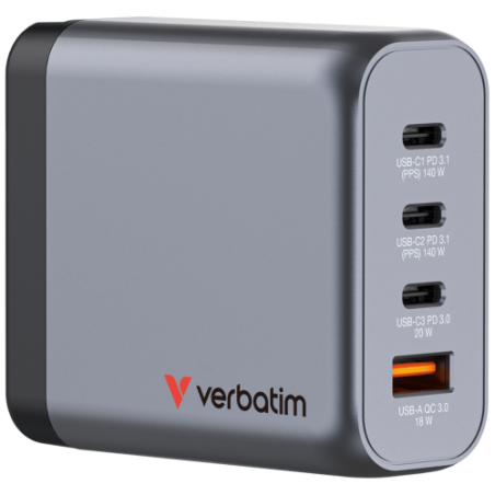 Verbatim 32203 GaN Įkroviklis 140W 4-Port, USB-A/USB-C, EU/UK/US Plug, Pilka/Juoda
