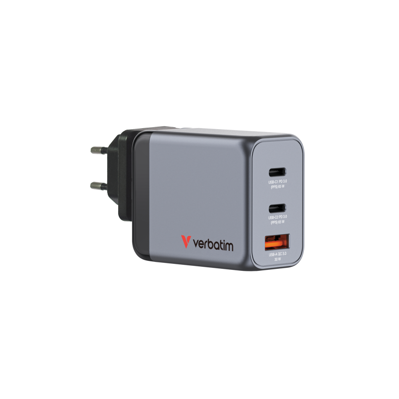 Verbatim 32201 GaN Įkroviklis 65W 3-Port, USB-A/USB-C, EU/UK/US Plug, Pilka/Juoda