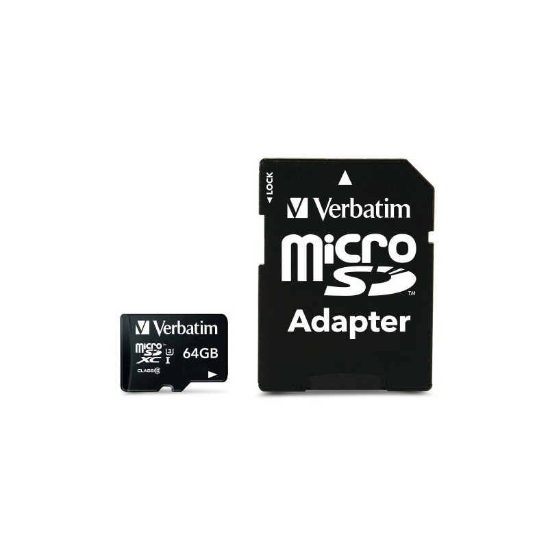 Verbatim 47042 Pro U3 Micro SDXC Atminties kortelė 64GB + microSD į SD Adapteris