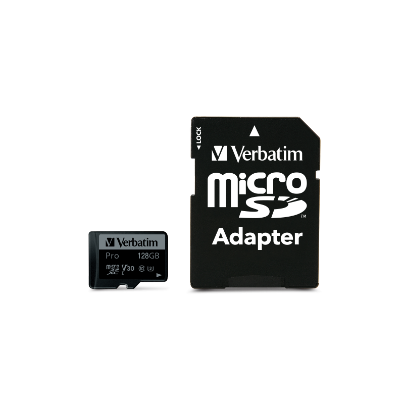 Verbatim 47044 Pro U3 Micro SDXC Atminties kortelė 128GB + microSD į SD Adapteris