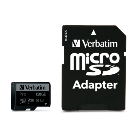 Verbatim 47044 Pro U3 Micro SDXC Atminties kortelė 128GB + microSD į SD Adapteris