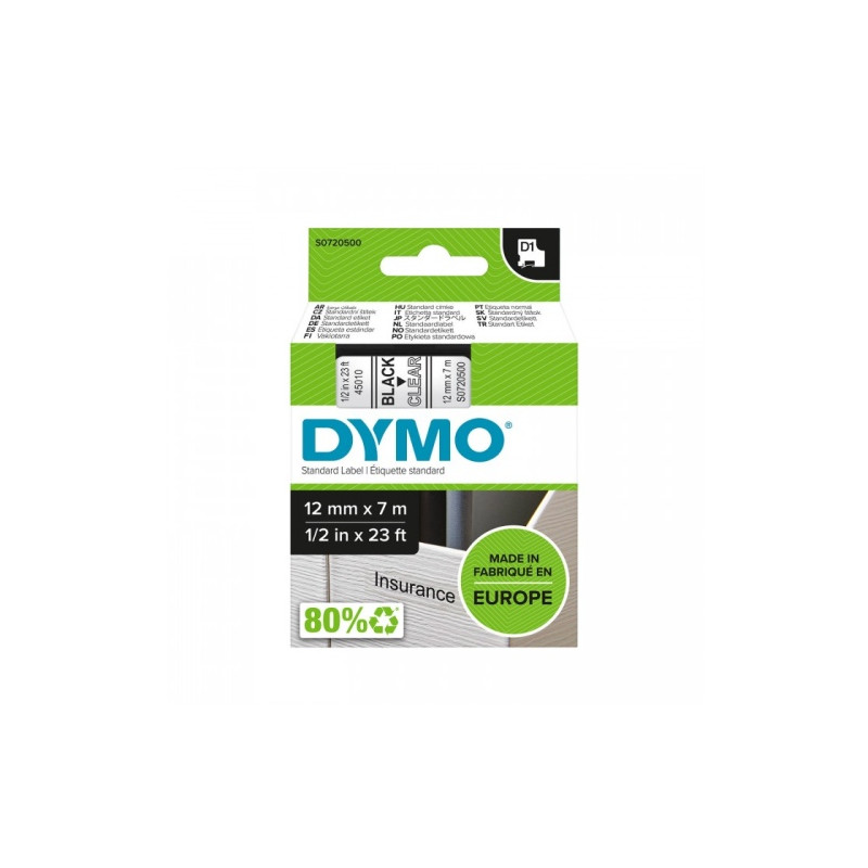 Dymo 45010 (S0720500) D1 Etikečių juostelė 12mm x 7m, Black on Clear