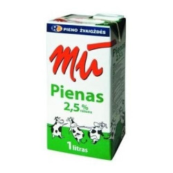 Pienas MŪ 2,5% riebumo, pasterizuotas, 1 L x 12 vnt