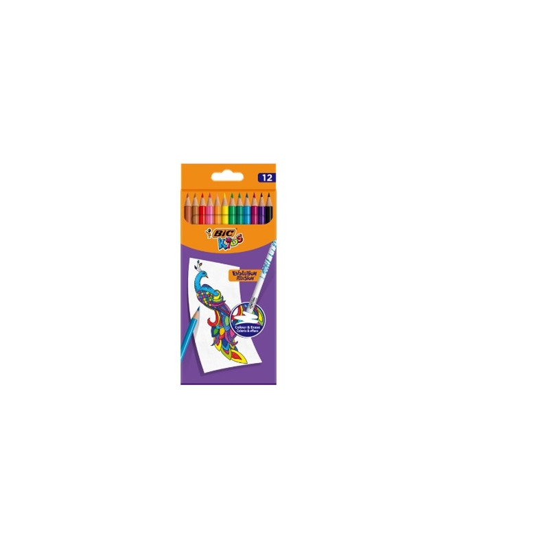 BIC Spalvoti pieštukai su trintuku Kids Evolution Illusion 12 spalvų rinkinys