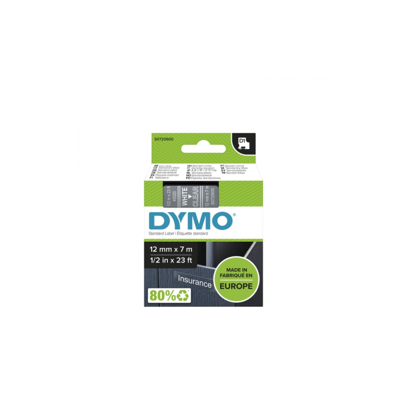 Dymo 45020 (S0720600) D1 Etikečių juostelė 12mm x 7m, White on Clear