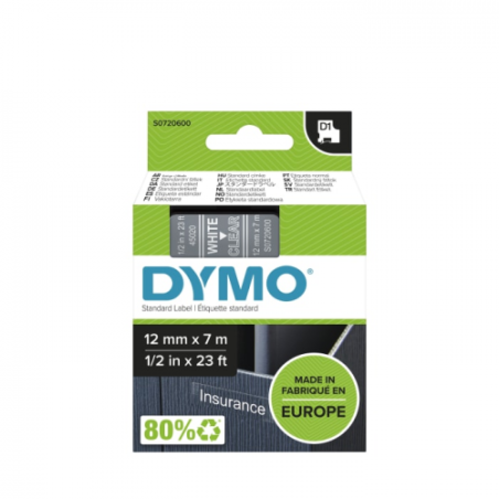 Dymo 45020 (S0720600) D1 Etikečių juostelė 12mm x 7m, White on Clear