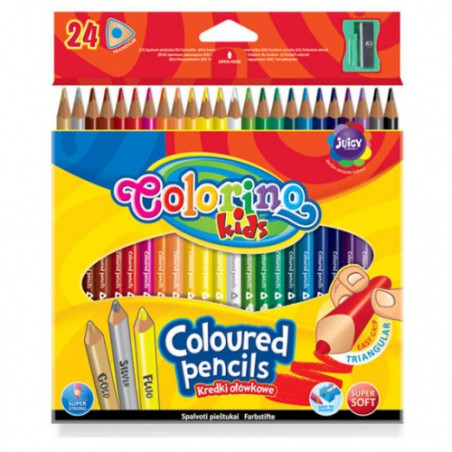 Spalvoti pieštukai Colorino Kids trikampiai 24 spalvų, su drožtuku