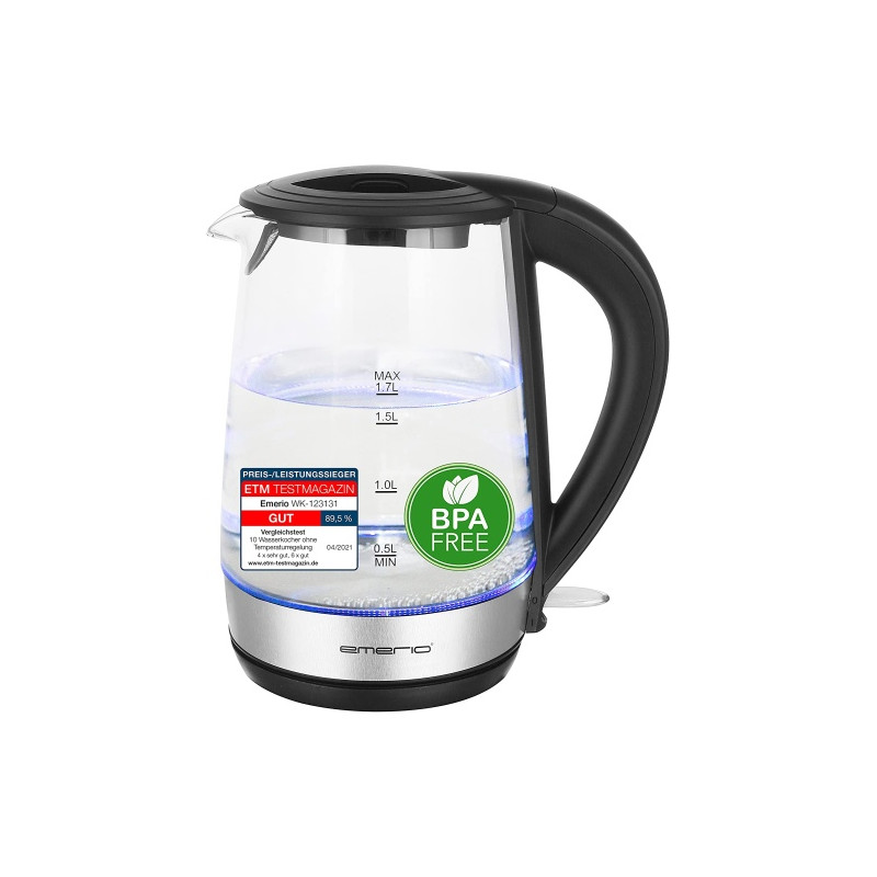 Ecost prekė po grąžinimo EMERIO WK-123131 Cordless Kettle, BPA-Free, Stainless Steel, Black, 2200 W