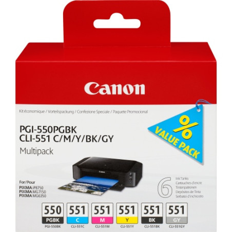 Canon PGI-550/CLI-551 (6496B005) Rašalinių kasečių komplektas, PGBK/C/M/Y/BK/GY